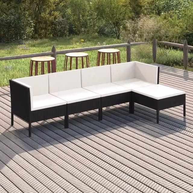 Set di Divani da Giardino a L con 5 Pezzi vidaXL, Polyrattan Nero e Bianco con Cuscini e Ottoman – 1