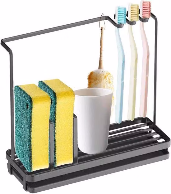 Organizer da lavello in acciaio inossidabile con contenitore, porta-spugna e porta-spazzole per cucina e bagno