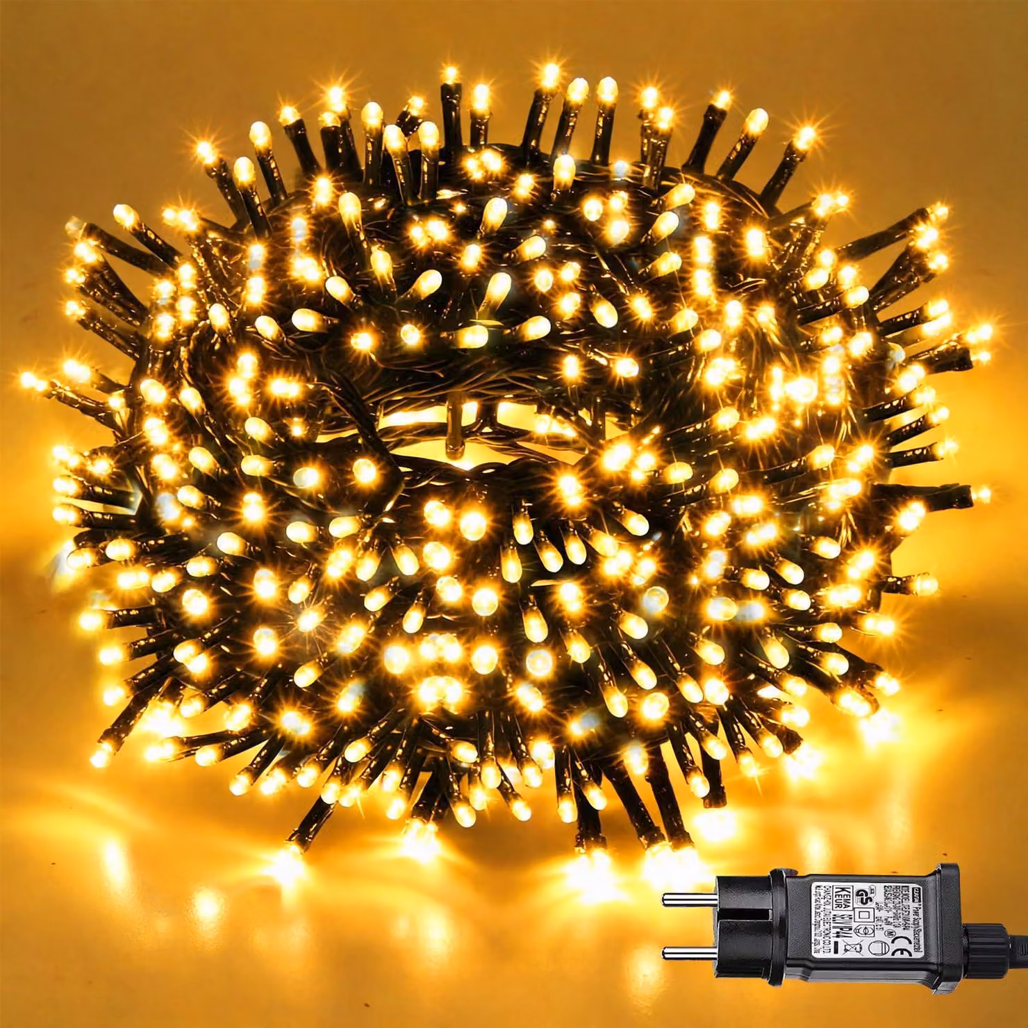 Catena luminosa da 30 metri, con 300 LED, luce bianco caldo, adatta per interni ed esterni, grado di protezione IP44