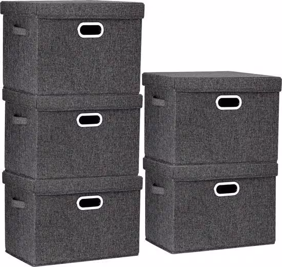 Scatole di archiviazione con coperchio, grandi, scatole di archiviazione con coperchio per armadi, cameretta, scatole di archiviazione per l'organizzazione di casa e ufficio, 5 pezzi, nero