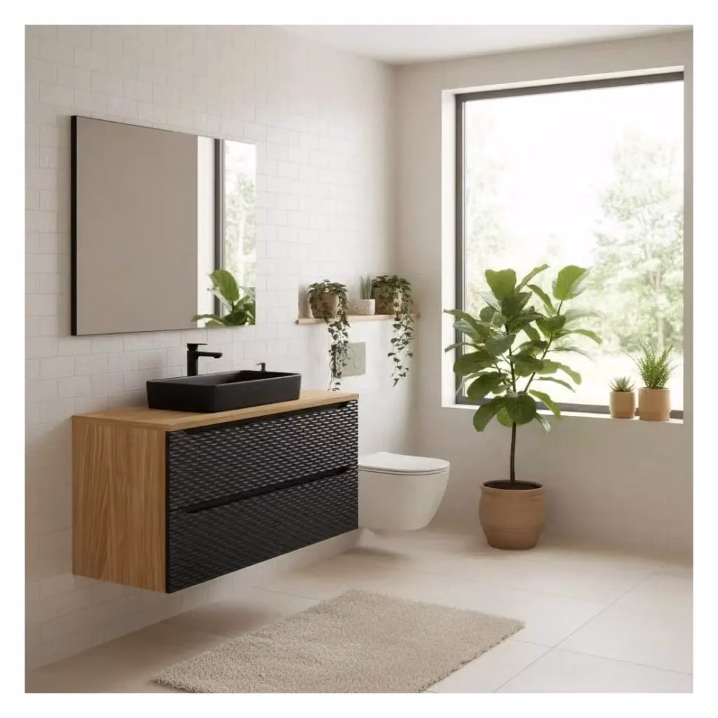 Set da bagno Meublorama YOKA nero e multicolore: mobile sospeso con cassetti e piano per lavabo, L: 120 cm, P: 46 cm, H: 71 cm – 2