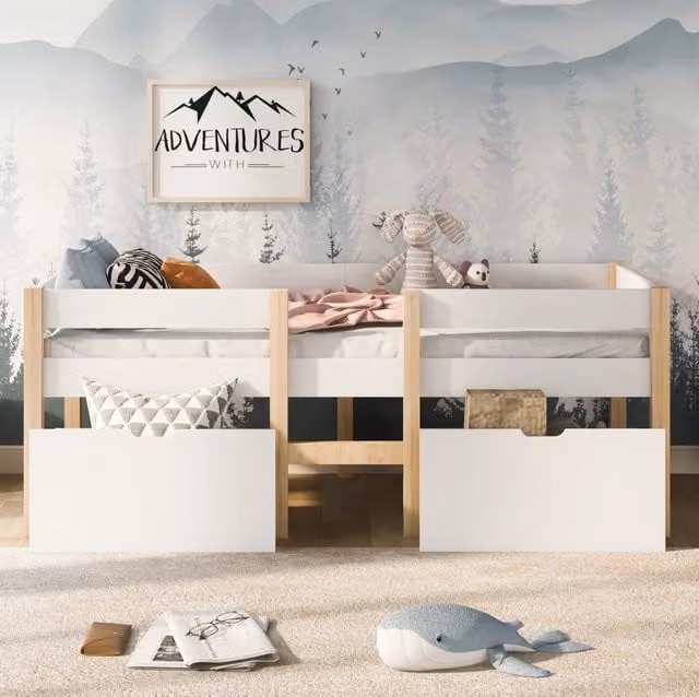 Letto per bambini 90x190 cm in legno massello di pino con cassetto e protezione anticaduta bianco e rovere