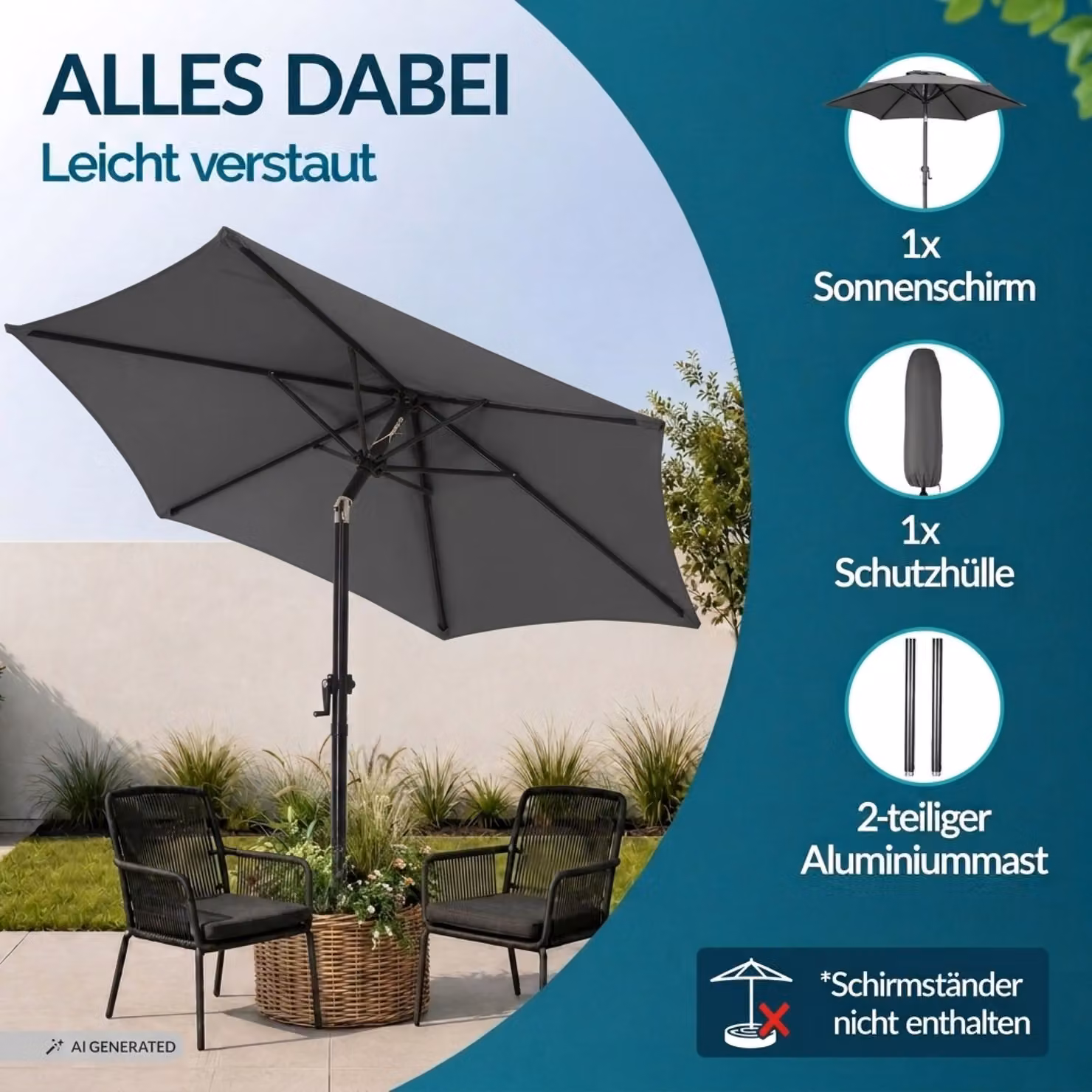 Ombrellone Kingsleeve con manovella e inclinabile in alluminio e poliestere colore antracite Ø 200 cm – 4