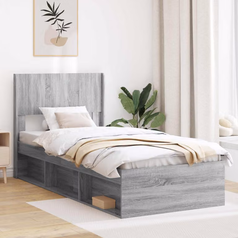 vidaXL Struttura letto moderna con contenitore e testata in legno ingegnerizzato, colore grigio, L: 140 cm, P: 193 cm, H: 82 cm