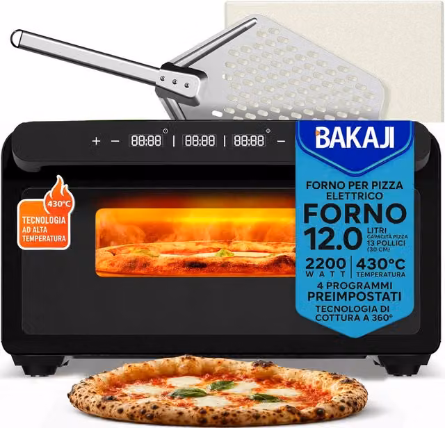 Forno elettrico per pizza Bakaji da 2200W con temperatura fino a 430°C, display digitale e timer, colore nero – 1