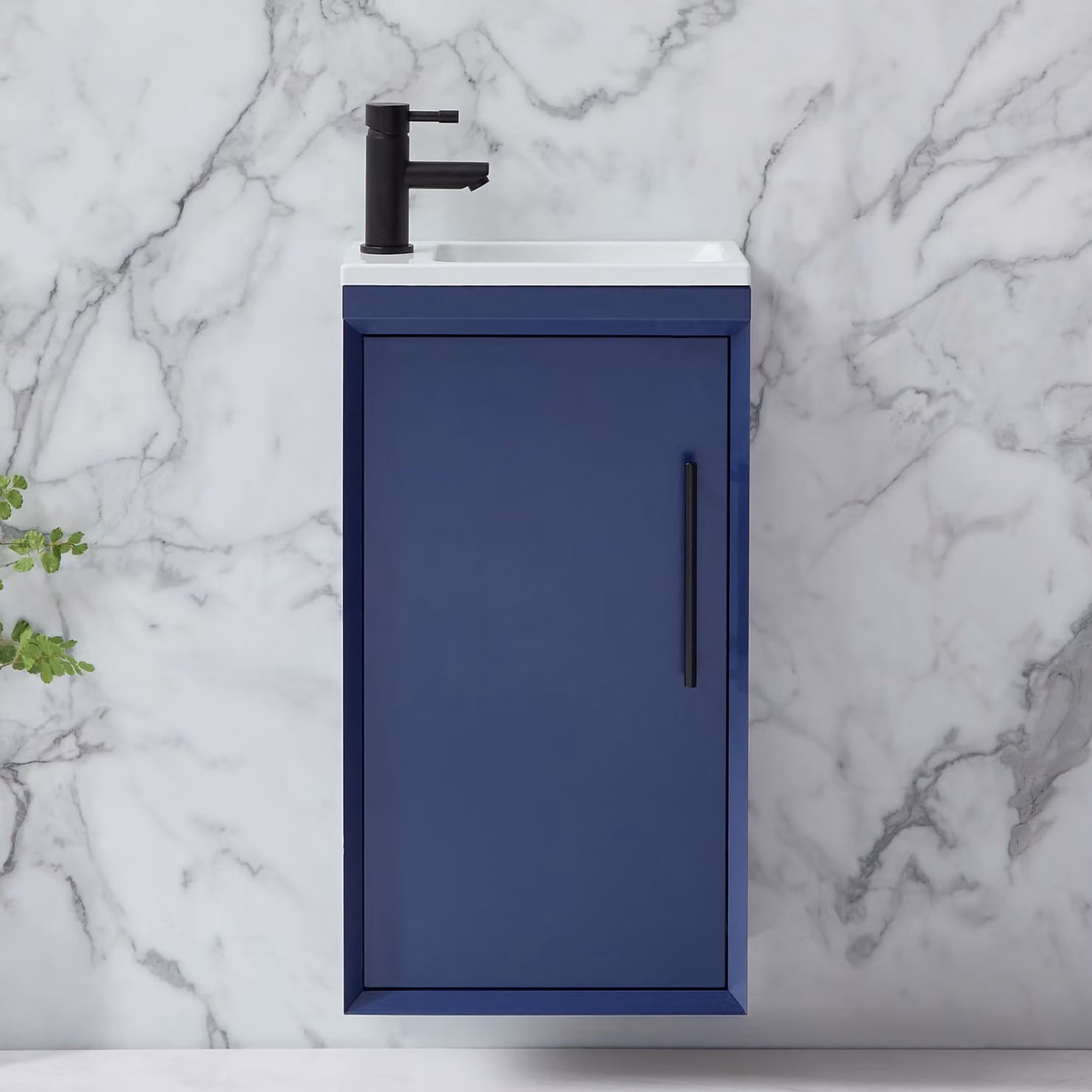 Mobile Bagno Sospeso Blu Marino 400mm con Lavabo e Maniglia con Barra a T Nera - Edge