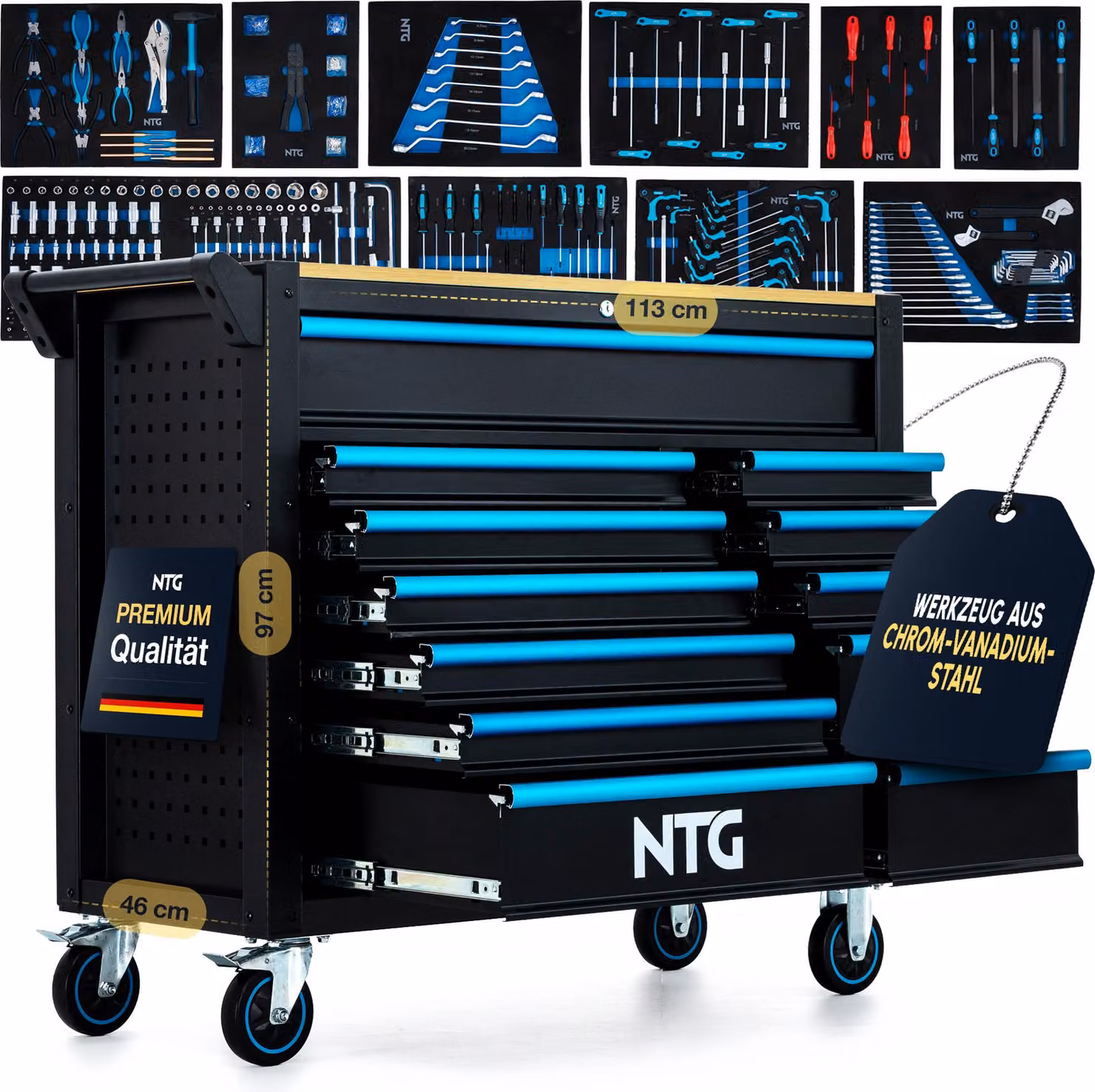 Carrello portautensili XXL con 471 utensili, 12 cassetti con piano in legno