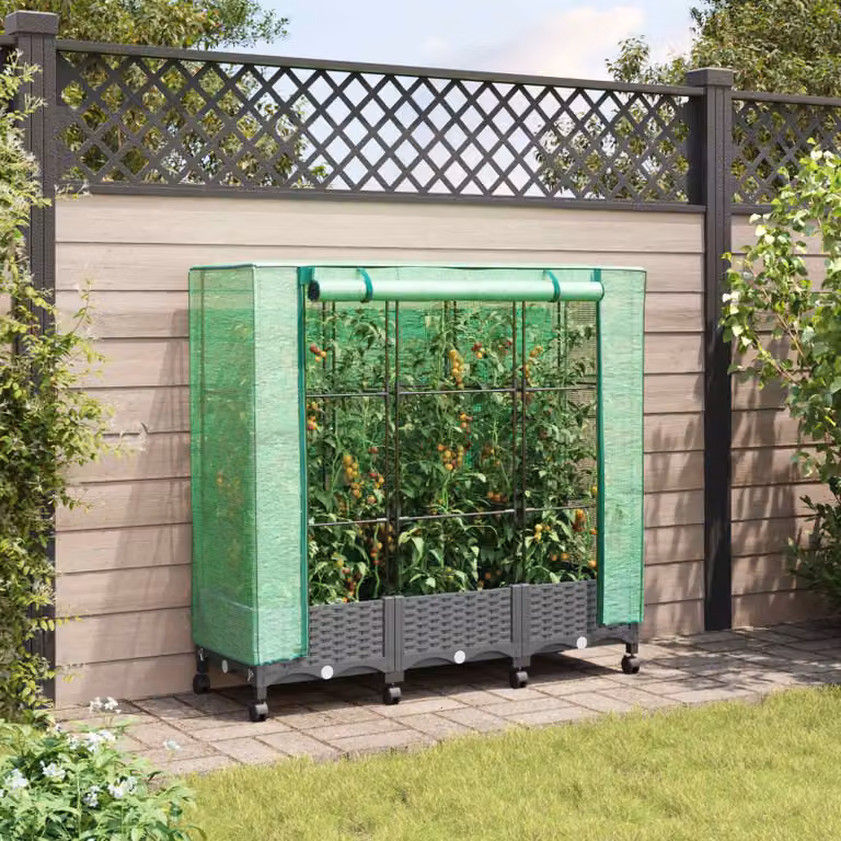 Set di 3 vasi da giardino con copertura per serra e ruote vidaXL in plastica, grigio e verde