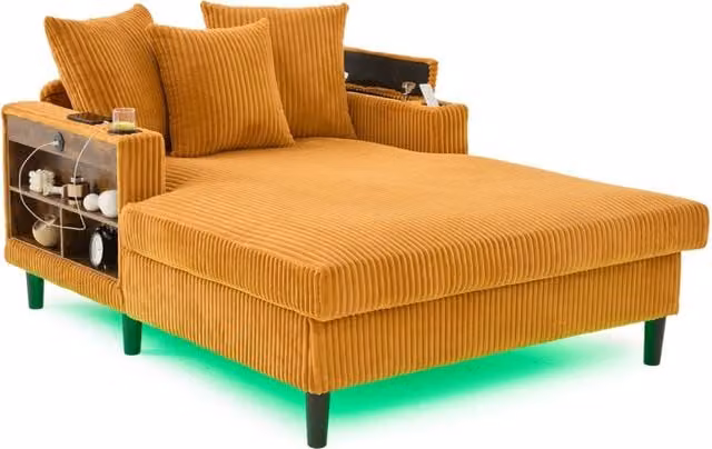 Chaise longue con LED; USB; contenitore e portabicchieri in velluto a coste giallo senape