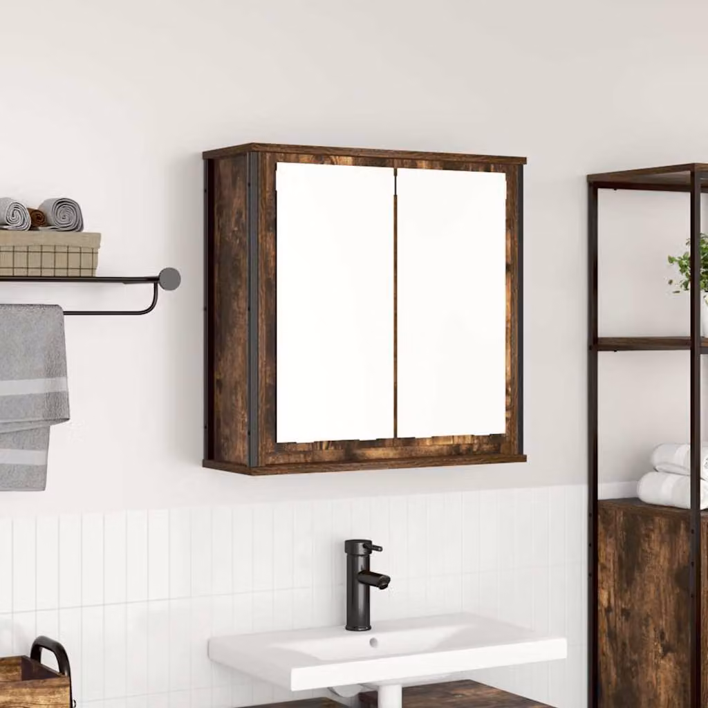 Pensile da bagno con specchio vidaXL in rovere fumo con ripiani interni, L: 60 cm, P: 21 cm, H: 60 cm