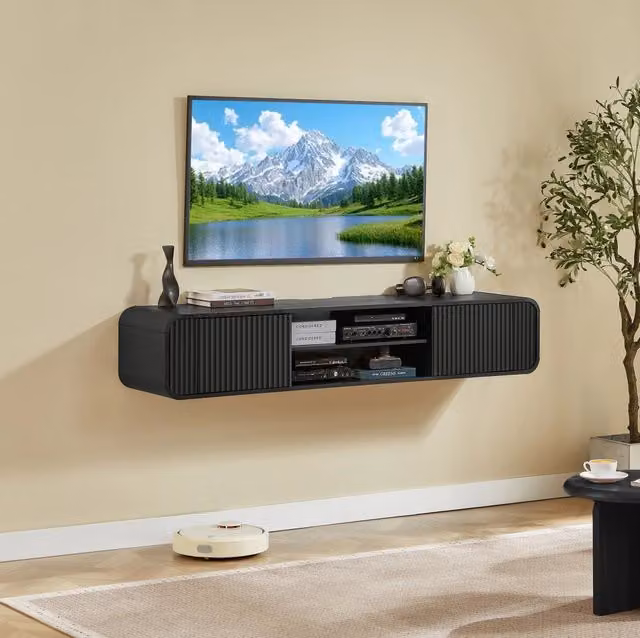 Mobile TV da parete 160 cm con ripiani aperti, mobile sospeso nero per soggiorno e camera