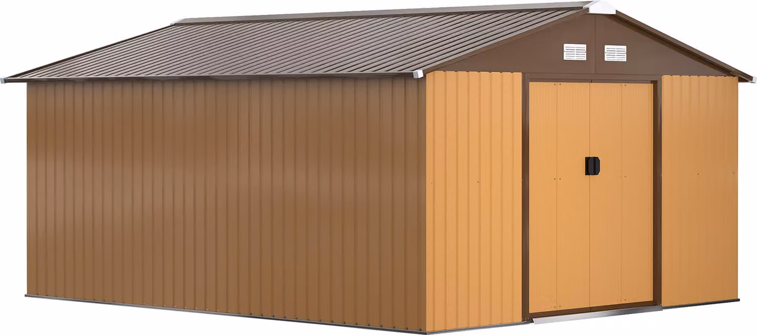 Capanno per attrezzi Moonbite, dimensioni 340 x 386 x 200 cm, con base in acciaio zincato, dotato di 2 porte scorrevoli, 2 aperture per finestre per lato, resistente alla ruggine, realizzato in acciaio, colore giallo