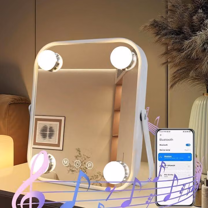 ZELURXX Specchio per il trucco Bluetooth, con illuminazione, specchio cosmetico con 4 luci LED, touch control, ruotabile a 360°, 22 x 25 cm, specchio, bianco