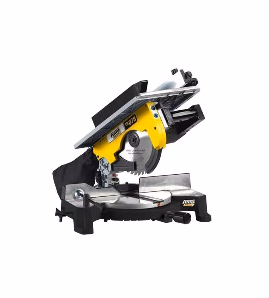 Troncatrice per legno Femi TR078 con piano superiore, potenza 1800W, lama da 250 mm, struttura in alluminio, colore giallo – 2