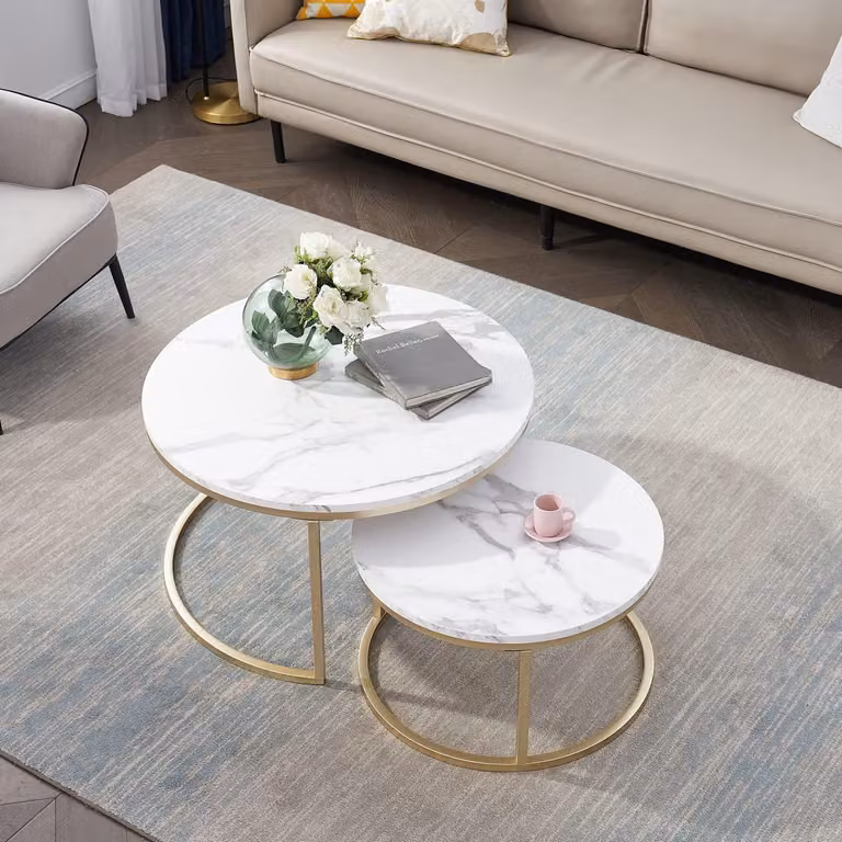 Set di 2 tavolini rotondi, stile "nesting", colore bianco/oro, dimensioni 80x80 cm e 60x60 cm