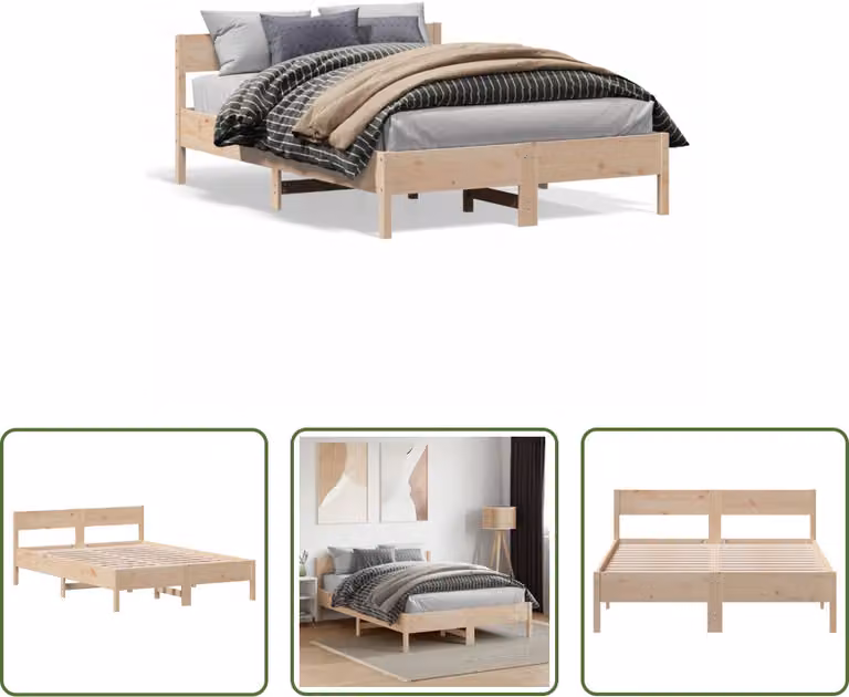 The Living Store Letto in legno massiccio con testiera 120x190 cm in pino