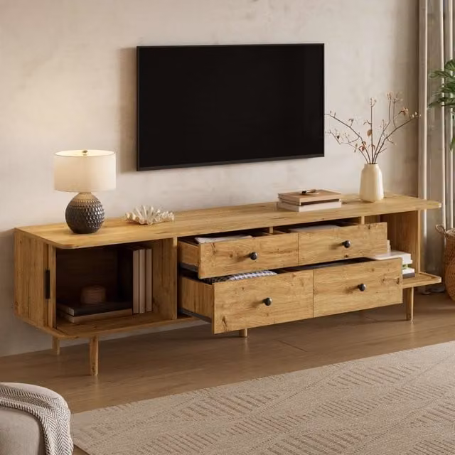 Mobile porta TV in MDF con 4 cassetti e 2 ante scorrevoli angoli arrotondati per soggiorno 165 × 40 × 46 cm