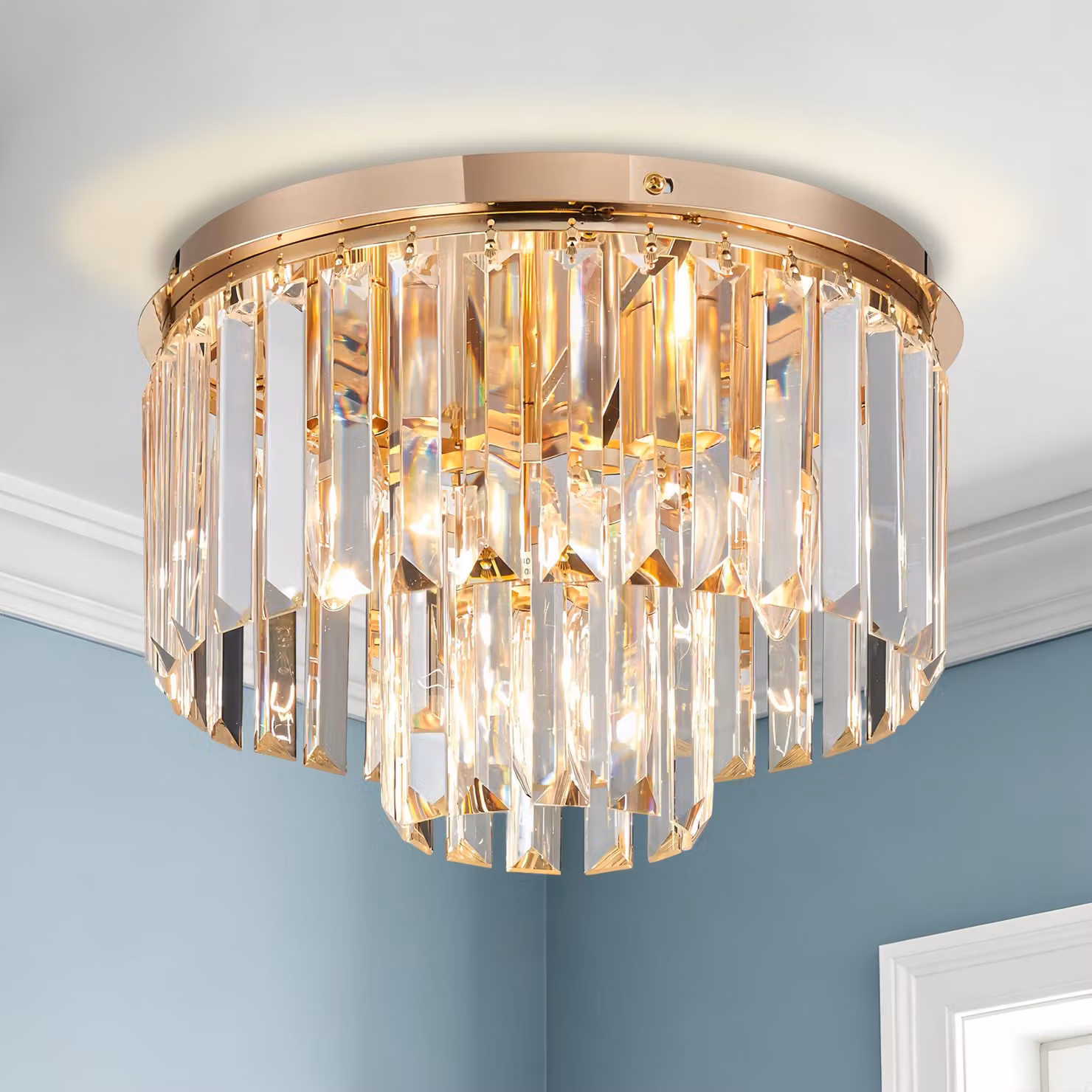 Solidchoice - Lampada a sospensione in cristallo con 3 portalampade, finitura oro
