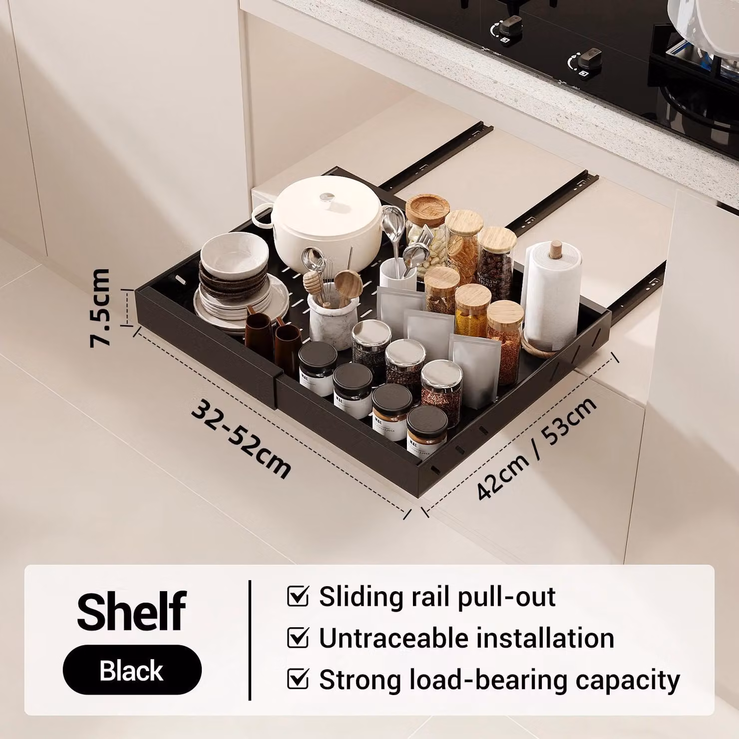 Organizer da cucina - Scaffale estraibile/portaspezie - 3 ripiani - XXL - Acciaio - Kaki scuro