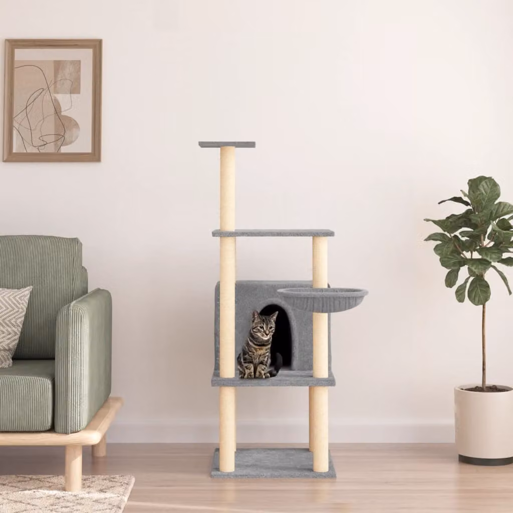 Albero per gatti vidaXL con tiragraffi in sisal e amaca, colore grigio, Altezza: 132 cm