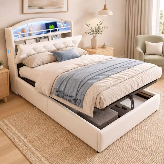 Letto imbottito per bambini 90x200 cm beige con contenitore, LED, USB e porta Type-C