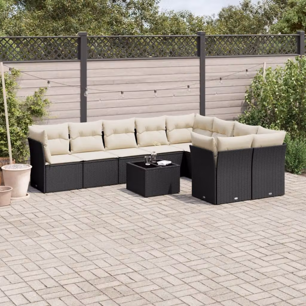 Set di divani da giardino vidaXL in polyrattan nero con cuscini e tavolino da esterno – 1