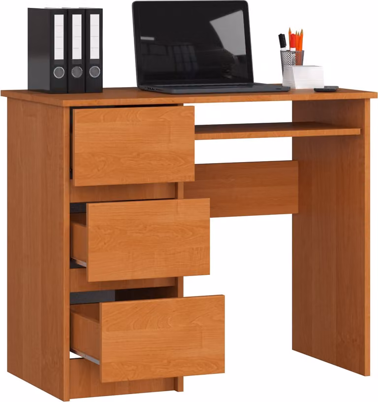 BDW, scrivania per computer con 3 cassetti, cassetto per tastiera, 90x77x50 cm, ontano (a sinistra)