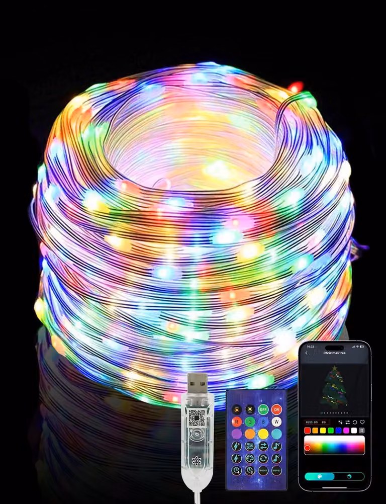 Catena luminosa a LED, 20 metri, 200 LED RGB, alimentazione USB, controllo tramite app e telecomando