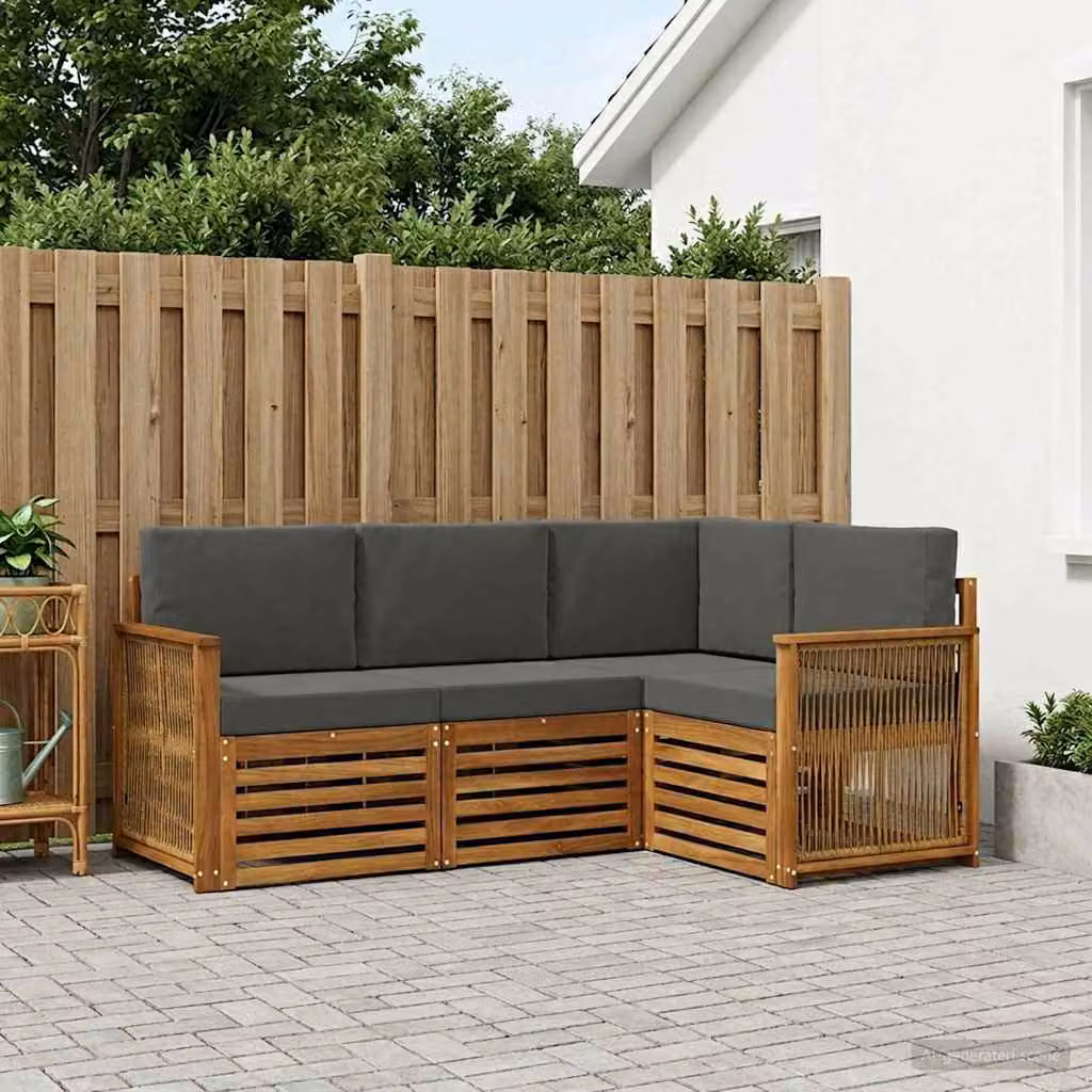 Set di divani da esterno vidaXL a forma di L composto da 4 pezzi in legno di acacia con cuscini in poliestere resistente ai raggi UV nei colori marrone e grigio