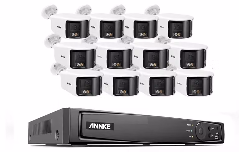 Kit di videosorveglianza con 12 telecamere, un registratore a 16 canali e un'immagine panoramica a 180°
