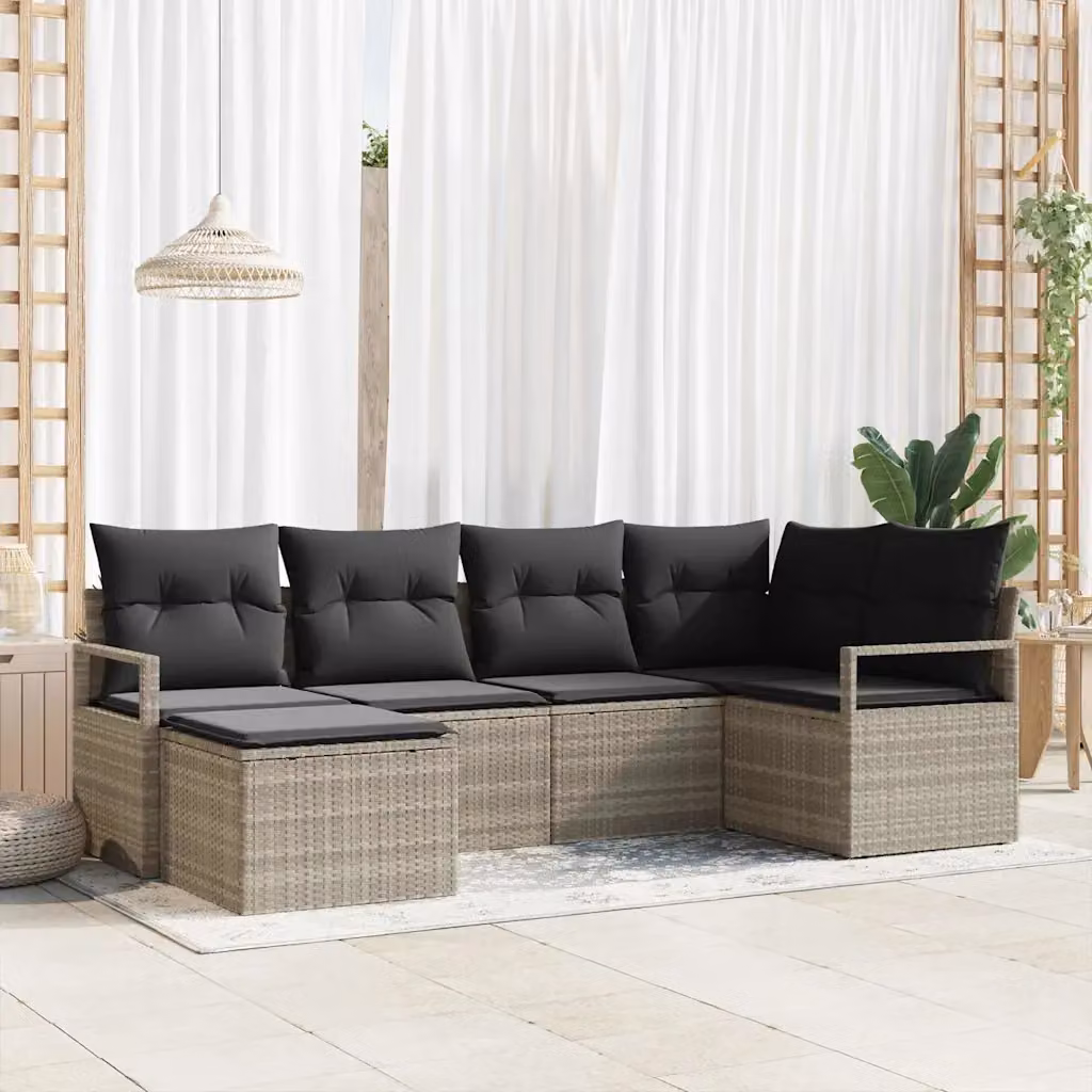 Set di divani da giardino vidaXL in rattan grigio con cuscini imbottiti e pouf incluso – 1