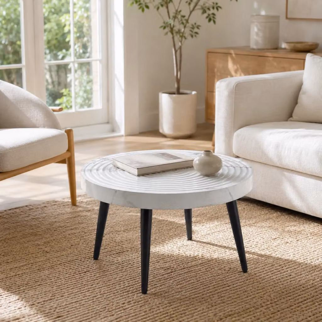 Tavolino rotondo REDOM in stile scandinavo con piano bianco effetto marmo e struttura in metallo, L: 73,99 cm, P: 73,61 cm, H: 22,5 cm – 2