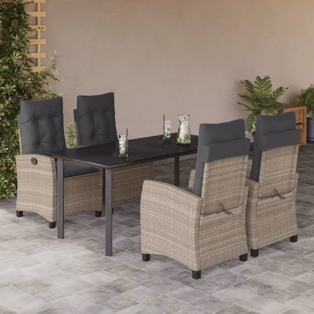 Set Pranzo da Giardino vidaXL in Polyrattan con Piano in Vetro e 5 Cuscini Grigio Chiaro – 1