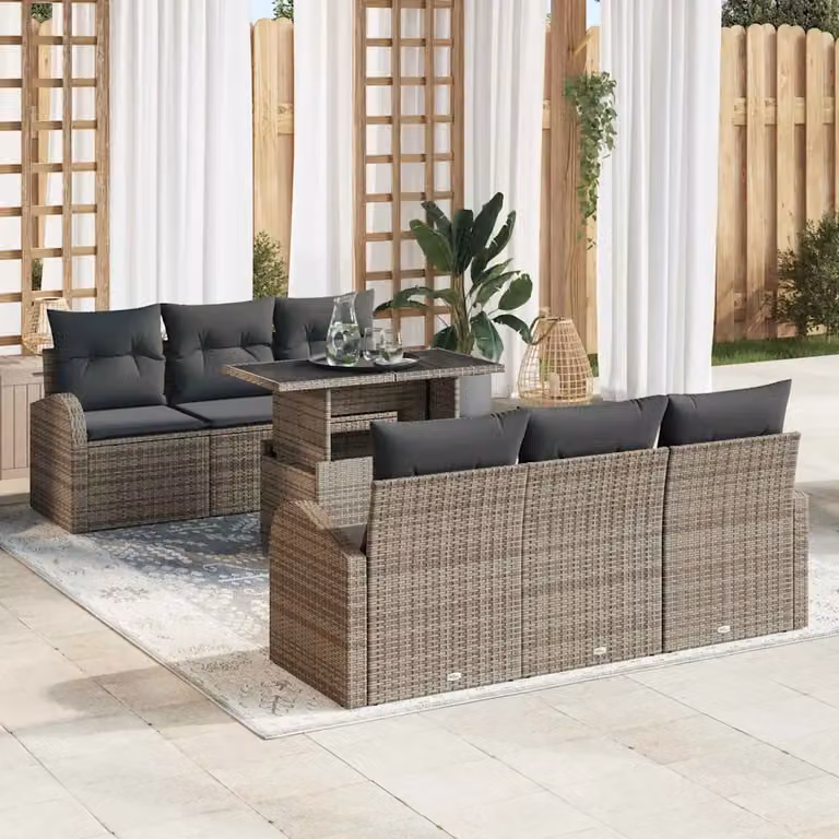 vidaXL Set Divano da Giardino 7 pz Grigio in Rattan con Cuscini e Tavolino