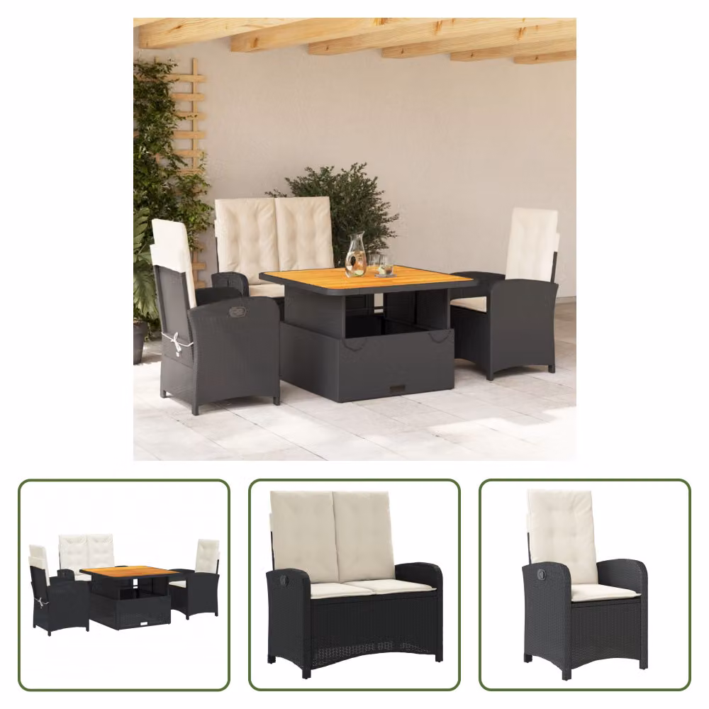 The Living Store Set da pranzo da giardino 4 pezzi con cuscini in poly rattan nero