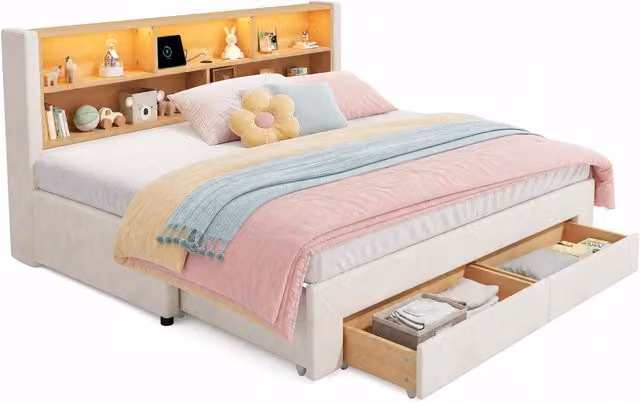 Letto divano allungabile 90x200 cm in velluto beige con 2 cassetti, senza materasso