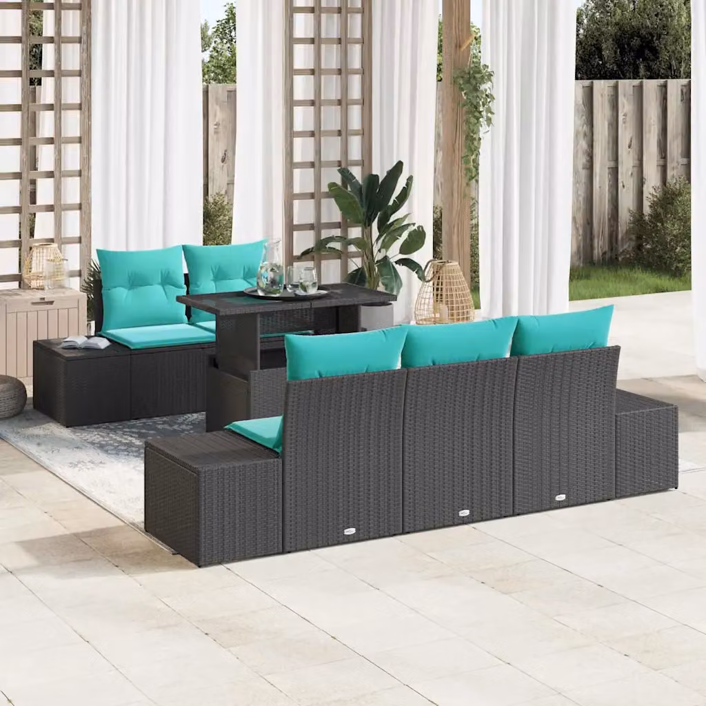 Set di divani da giardino vidaXL a 6 posti in polyrattan con dettagli in metallo e vetro, Colore Nero e Blu