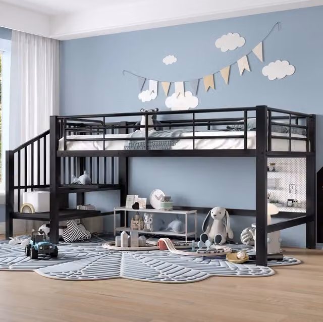 Letto a soppalco basso per bambini 90x200 cm con scala contenitore; struttura in metallo e MDF; nero