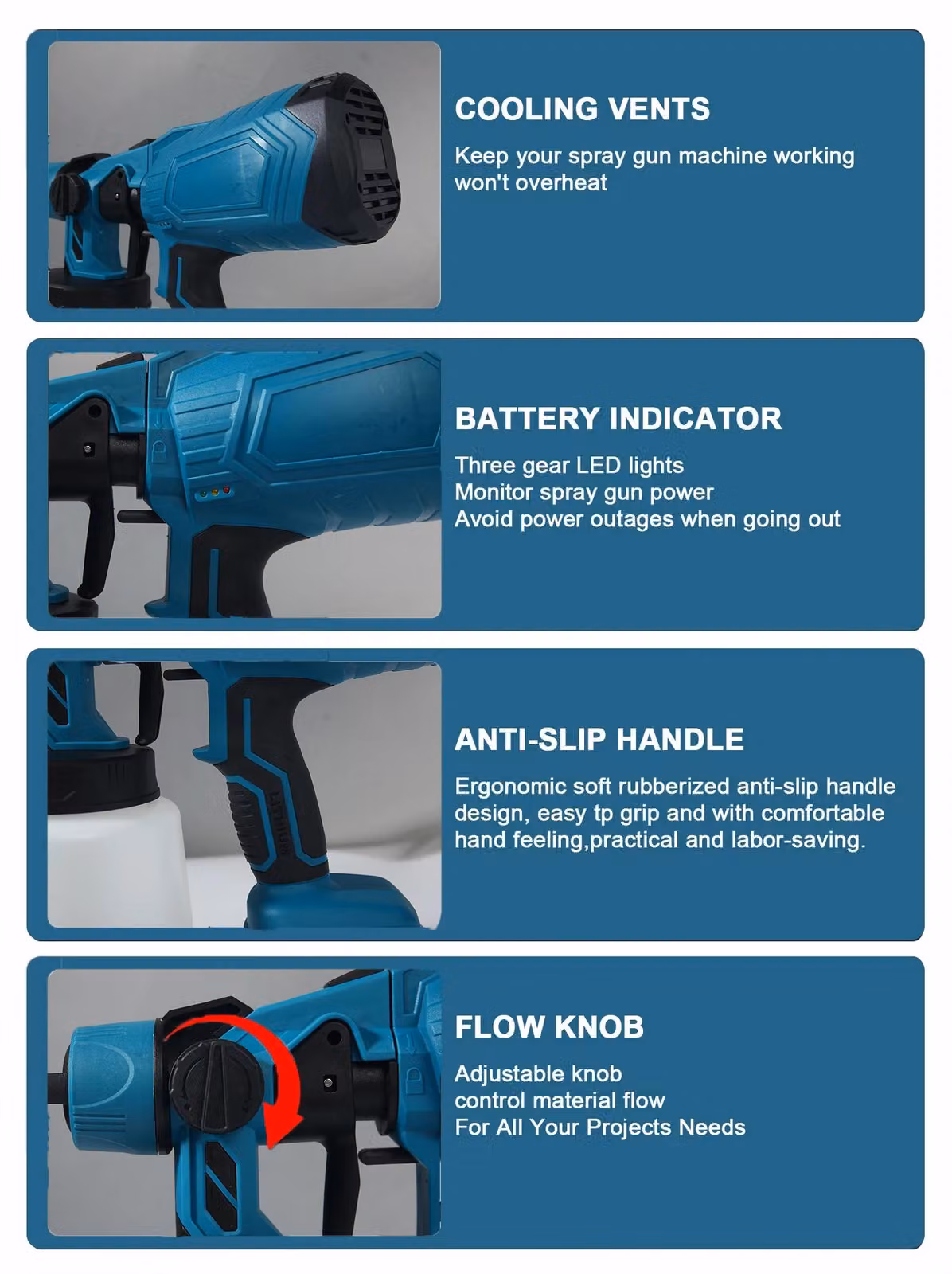 Pistola a spruzzo elettrica - Spruzzatore a bassa pressione (HVLP) - Serbatoio da 1000 ml - 210 W - Ugello da 1,8 mm - 200 ml/min - Colore blu, senza batteria
