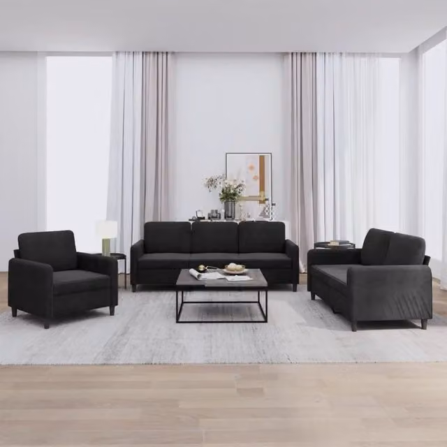 Set di divani 3 pezzi vidaXL in velluto nero con design moderno per soggiorno – 1