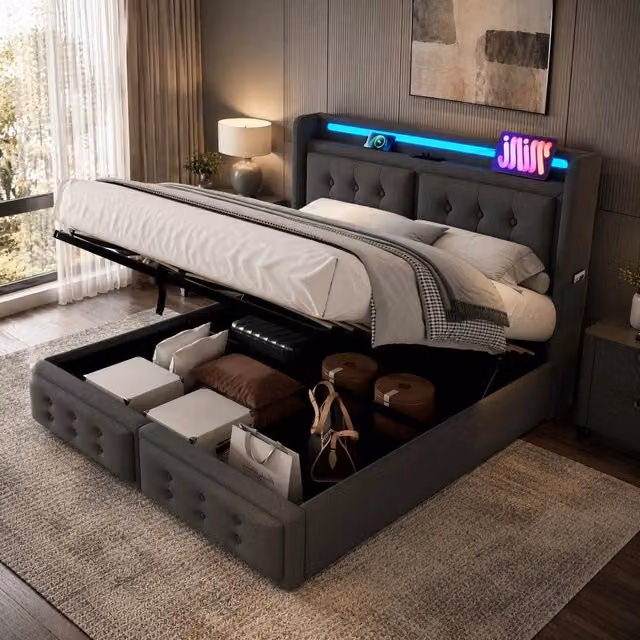 Letto contenitore 160x200 cm grigio in cotone e lino, LED USBC e vano contenitore, senza materasso