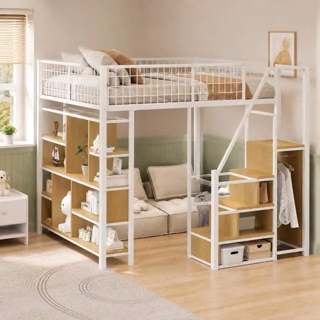 Letto a soppalco ULEVR 140x200 cm con scala contenitore e vani portaoggetti, metallo e MDF bianco