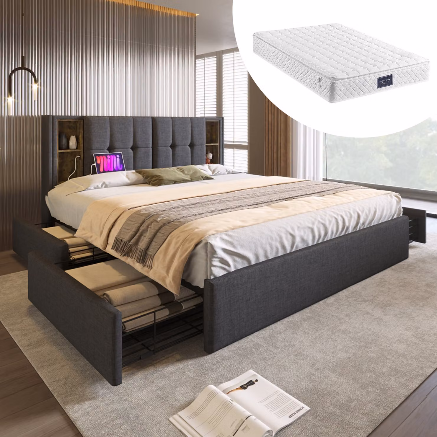 Letto imbottito Okwish, letto contenitore 160x200 cm con 4 cassetti, letto matrimoniale funzionale con ricarica wireless, USB e Type-C, velluto (con materasso) - grigio