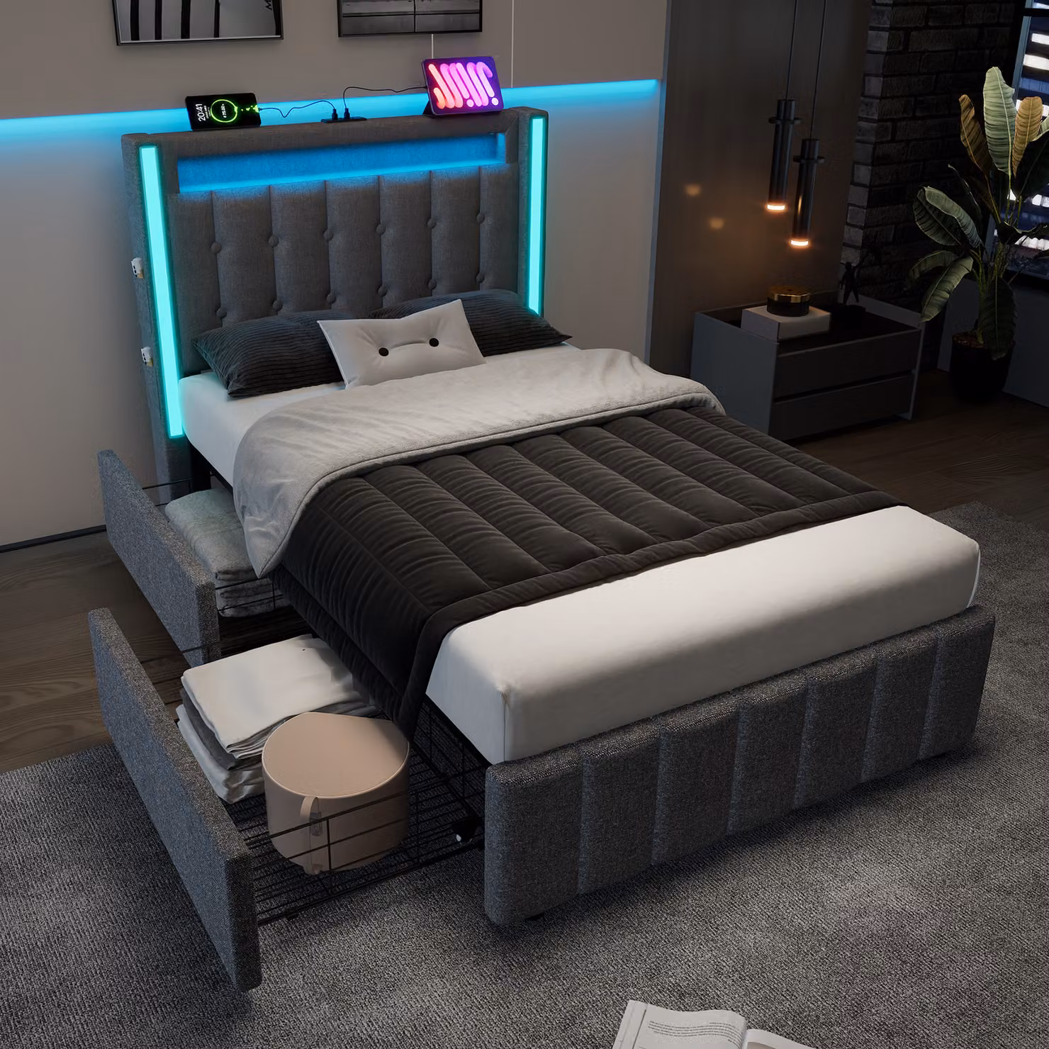 Letto imbottito 90x200 cm, grigio, con rivestimento in lino, illuminazione LED, funzione di ricarica USB di tipo C e 2 cassetti, ideale per la camera da letto