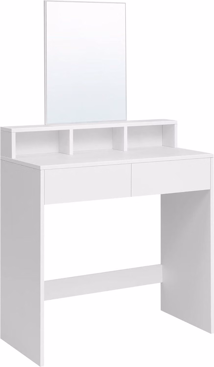 VASAGLE, tavolo da toilette con grande specchio rettangolare, tavolo da toilette con 2 cassetti e 3 vani a giorno, tavolo da toilette, stile moderno, bianco
