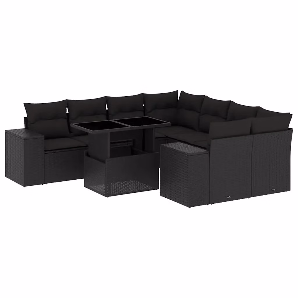 vidaXL Set Divani da Giardino a L 9 pz con Cuscini e Tavolino Nero in Polyrattan e Acciaio – 2