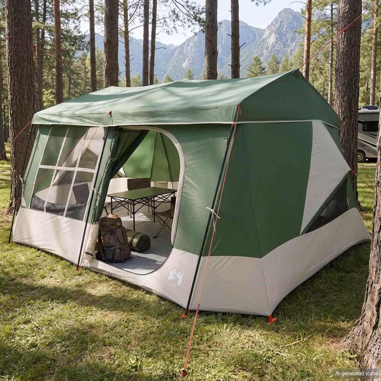 Tenda familiare vidaXL verde con telo da pioggia impermeabile in poliestere e acciaio