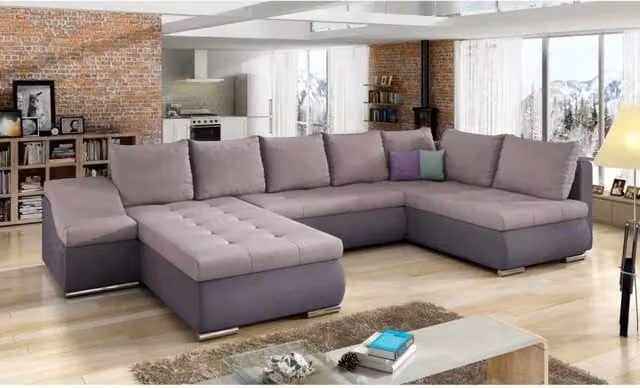 Divano panoramico a U GYOVANI MEUBLORAMA rosa viola e argento con angolo sinistro, funzione letto e poggiatesta regolabile