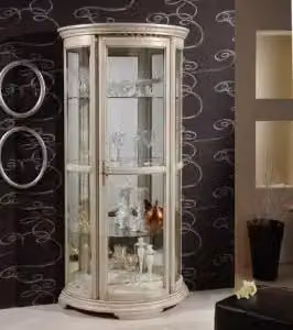 Vetrina semicerchio KIVIO in legno di tiglio con ante in vetro in stile shabby chic bianco anticato