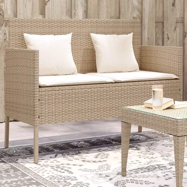 Panca da giardino Design Mania in polyrattan beige con cuscini e braccioli